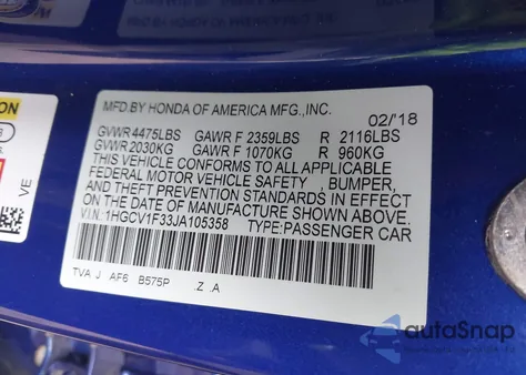 2018 Honda Accord Sport z USA, uszkodzony, nr VIN 1HGCV1F33JA105358